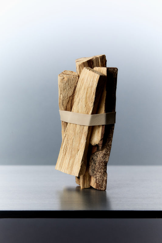 Close up bundle of standing raw cut palo santo sticks against silver background